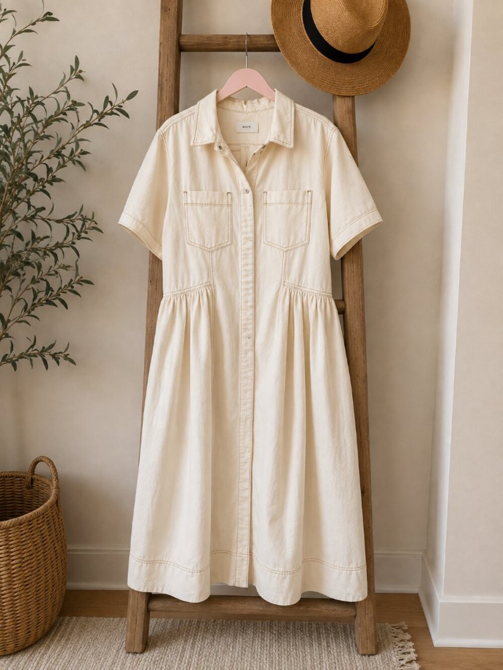 MAYE Montana Cream Denim Midi Shirtdress XXL Button Front Pocket Dress
